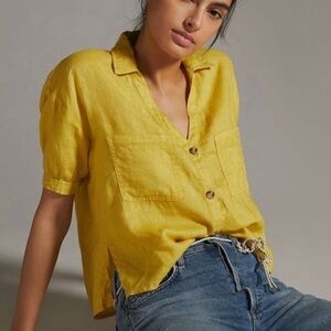 Anthropologie PILCRO 100% Linen Yellow Boxy Button Front V-neck Blouse Top